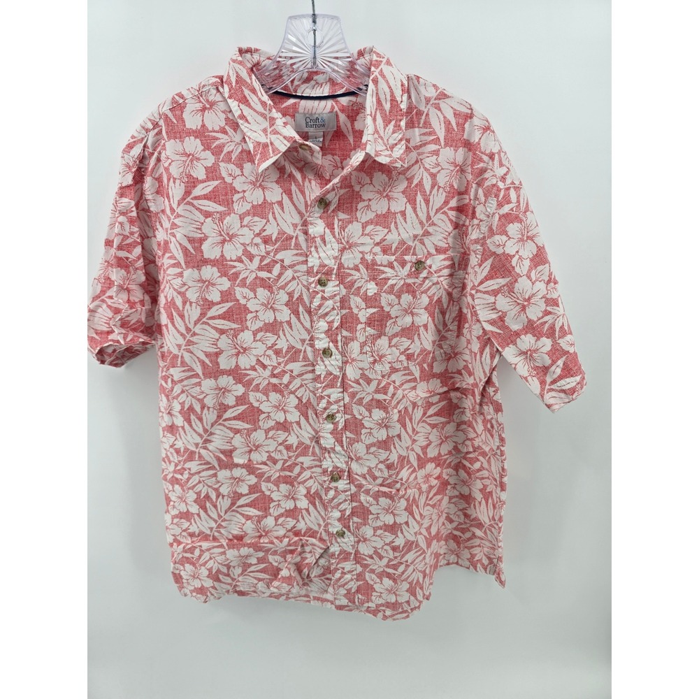 Croft & Barrow Mens Red White Hibiscus Floral Short Sleeve Button Down Shirt L
